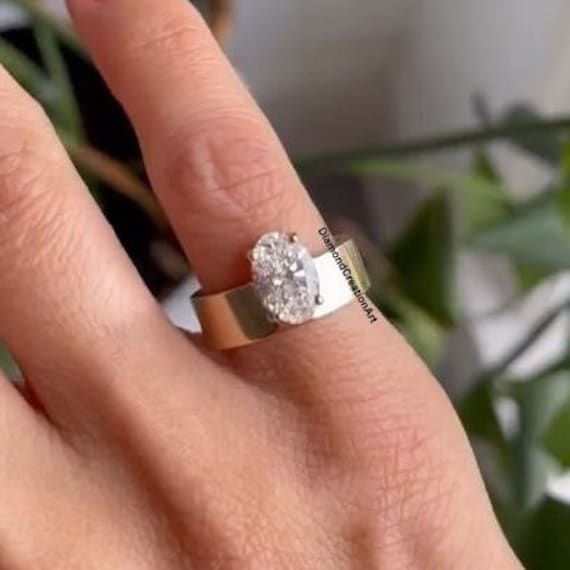Wide Band Ct Oval Engagement Ring For Women, Prong Set Wedding Ring,  Unique Thick Band Custom Made Solitaire Ring, 14K Solid Yellow Gold