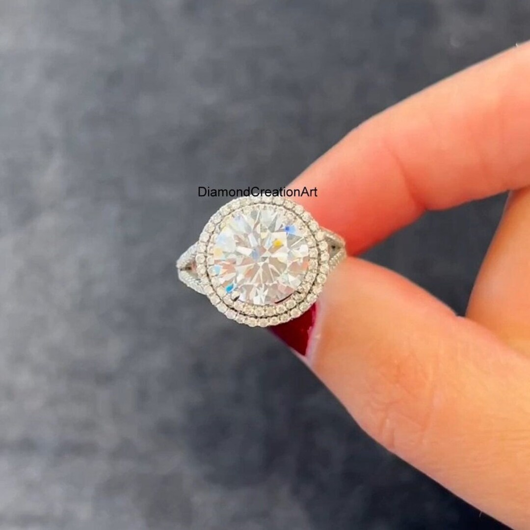 Double Halo Split Shank Engagement Ring 9 MM Round Cut - Etsy