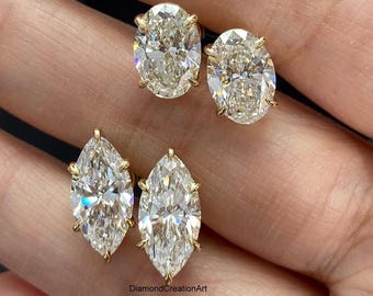 オーバル＆マーキスカットのモアッサナイトスタッドピアス、クロープロングセットのソリティアダイヤモンドピアス、10Kイエローゴールドピアス、普段使いのピアス