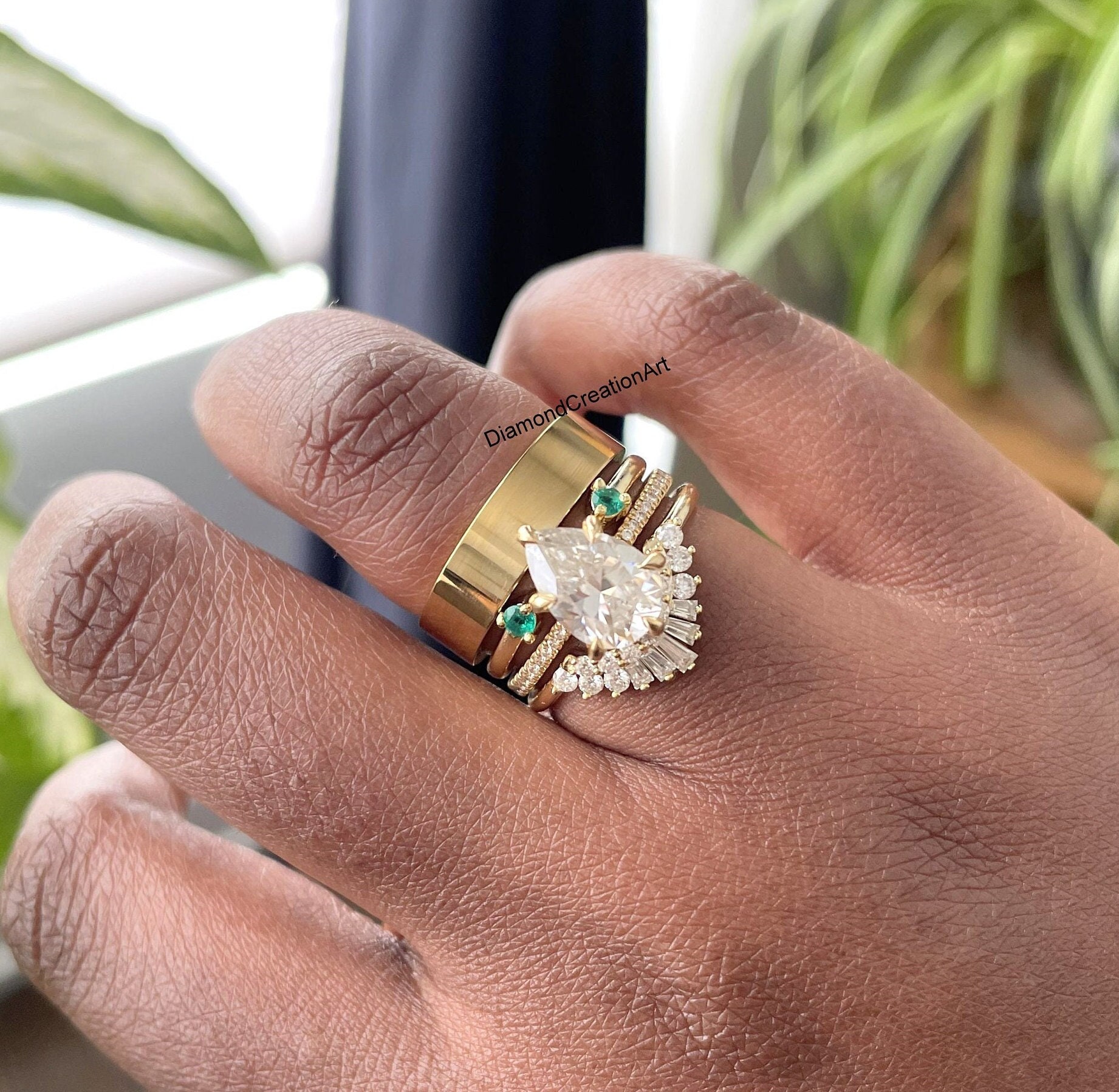 18K Gold Wedding Ring Set, Plain Cigar Band, Two Emerald 18K Gold Wedding Ring Set, Plain Cigar Band, Two Emerald
