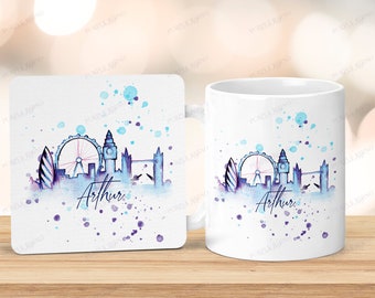London Skyline Coaster And Mug. Personalised Gift. Iconic London. Watercolour London.