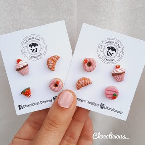 Strawberry stud pack, miniatures ear studs, Croissant, Strawberry cupcakes, Donuts, Miniature Strawberry, handmade jewelry, polymer clay