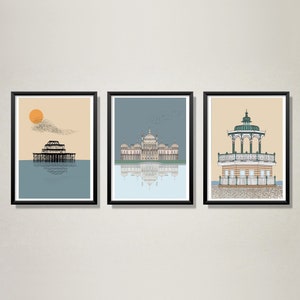 Conjunto de carteles de Brighton, muelle de Brighton, pabellón de Brighton, quiosco de música de Brighton // Impresión de Brighton, impresión de destino, póster de viaje, arte costero