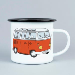 Illustrated camper van mug, enamel camping cup