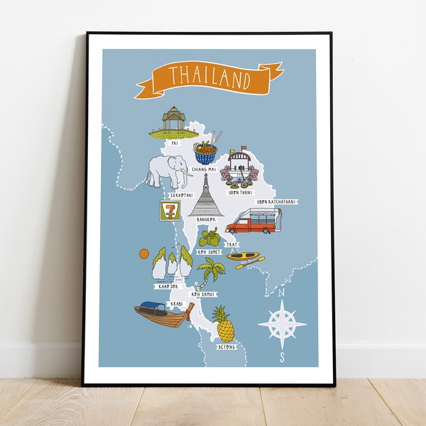 Thailand map, Thailand wall art, illustrated map, indie room decor, simple artwork, map print