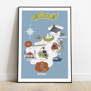 Borneo illustrierte Landkarte Plakat, Reisedekor, Wanddekor, einfaches Kunstwerk