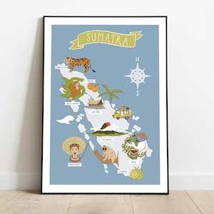 Póster de viaje con mapa de Sumatra, arte mural de Indonesia, decoración de habitación independiente, obra de arte sencilla, impresión de mapas