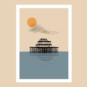 May include: A minimalist illustration of a pier with a large orange sun and a flock of birds flying overhead. The pier is black and the water is blue.