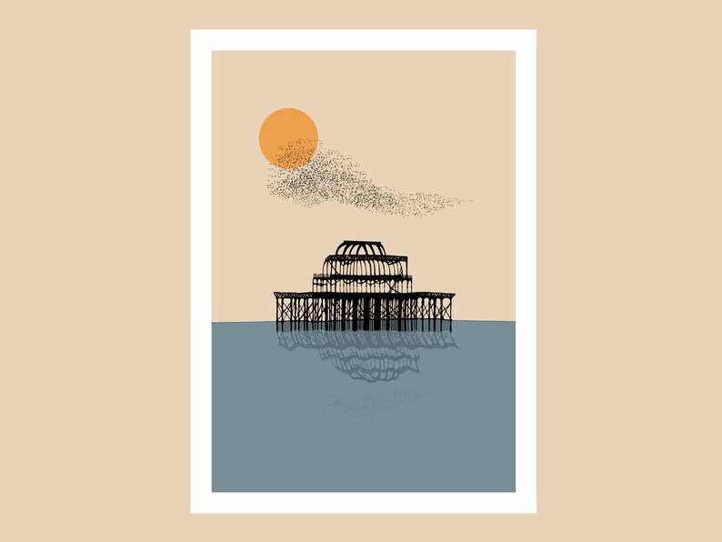 May include: A minimalist illustration of a pier with a large orange sun and a flock of birds flying overhead. The pier is black and the water is blue.