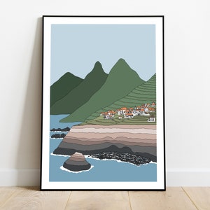 May include: A digital illustration of a coastal landscape with a village nestled in the green hills. The village has white houses with orange roofs. The hills are green and blue, and the ocean is blue with a rocky shore.