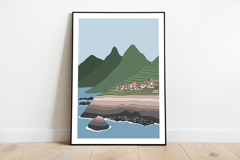 May include: A digital illustration of a coastal landscape with a village nestled in the green hills. The village has white houses with orange roofs. The hills are green and blue, and the ocean is blue with a rocky shore.