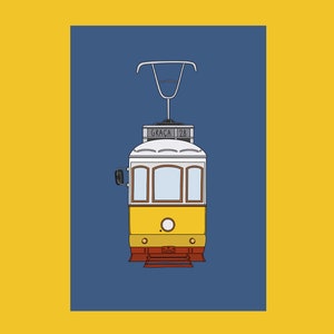 May include: A yellow and white tram with the number 28 and the word "GRACA" on the front. The tram is on a blue background.