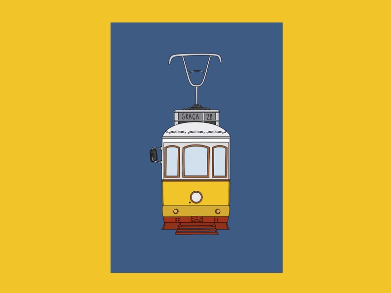 May include: A yellow and white tram with the number 28 and the word "GRACA" on the front. The tram is on a blue background.