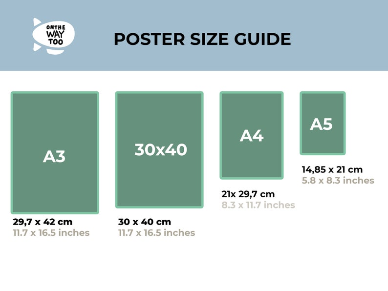 May include: Poster size guide with four different sizes: A3, 30x40, A4, and A5. Each size is shown with its dimensions in both centimeters and inches.