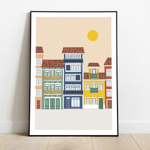 May include: A digital illustration of a row of colorful buildings with red tile roofs, balconies, and windows. The buildings are set against a light peach background with a yellow sun in the upper right corner.