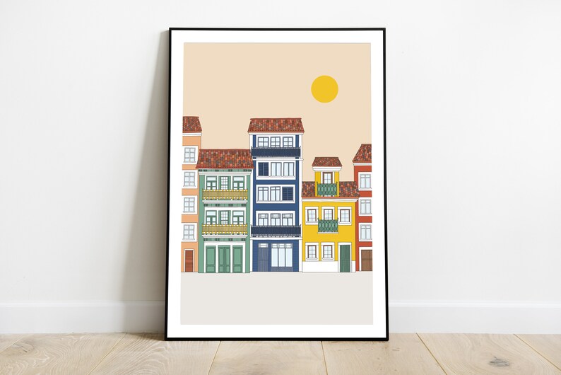 May include: A digital illustration of a row of colorful buildings with red tile roofs, balconies, and windows. The buildings are set against a light peach background with a yellow sun in the upper right corner.
