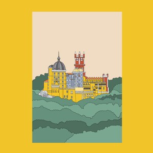 May include: A yellow and red castle with a blue roof sits on a hilltop surrounded by green trees.