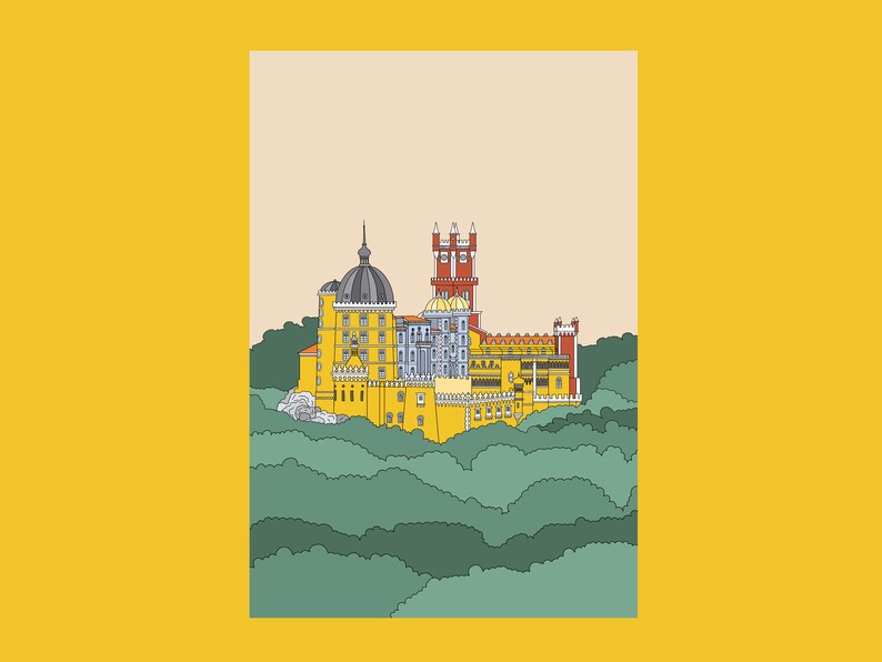 May include: A yellow and red castle with a blue roof sits on a hilltop surrounded by green trees.