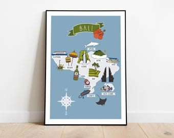 Map of Bali poster, Indonesia wall art print