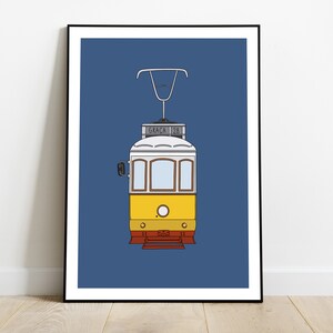 May include: A yellow and white tram with a blue background. The tram has a sign that reads "Gra&ccedil;a 128".