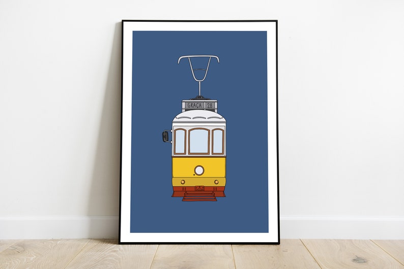 May include: A yellow and white tram with a blue background. The tram has a sign that reads "Gra&ccedil;a 128".