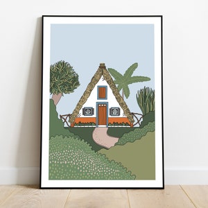 May include: A white triangular house with an orange trim and a thatched roof. The house has a blue door and windows. The house is surrounded by green bushes and trees, including a palm tree.