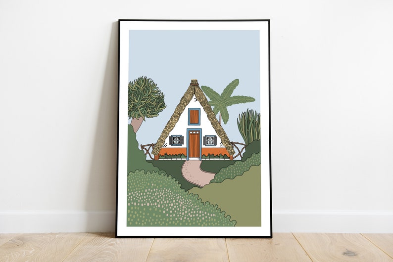May include: A white triangular house with an orange trim and a thatched roof. The house has a blue door and windows. The house is surrounded by green bushes and trees, including a palm tree.