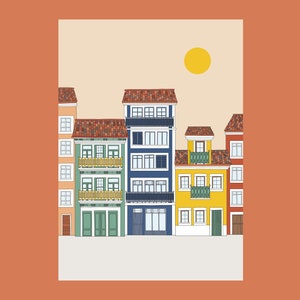 May include: A colorful illustration of a row of buildings with red tile roofs, balconies, and windows. The buildings are painted in shades of blue, green, yellow, and orange. A bright yellow sun is in the sky.