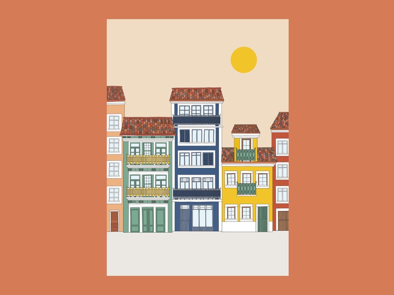 May include: A colorful illustration of a row of buildings with red tile roofs, balconies, and windows. The buildings are painted in shades of blue, green, yellow, and orange. A bright yellow sun is in the sky.