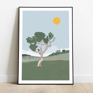 May include: A digital illustration of a landscape with a single tree in the center. The tree has a light brown trunk and green leaves. The background is a light blue sky with a yellow sun. The ground is green with a few small hills in the distance.