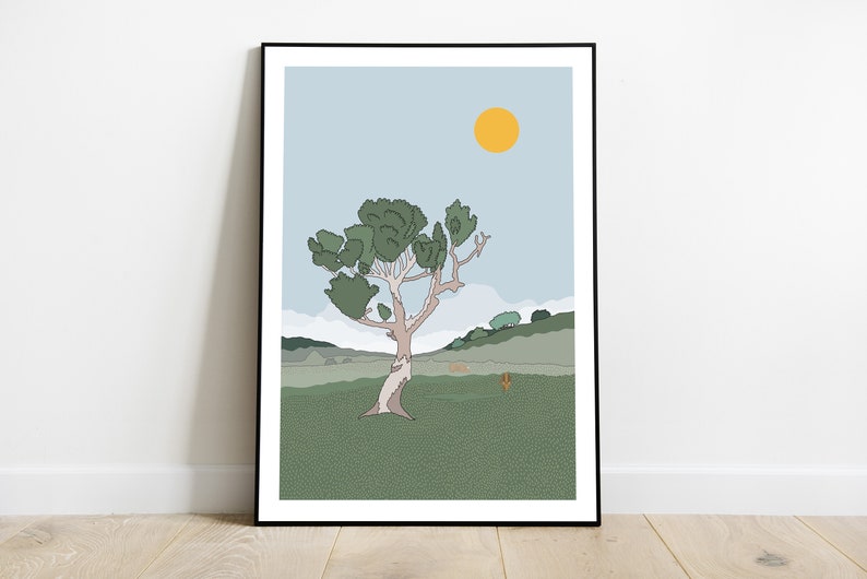 May include: A digital illustration of a landscape with a single tree in the center. The tree has a light brown trunk and green leaves. The background is a light blue sky with a yellow sun. The ground is green with a few small hills in the distance.
