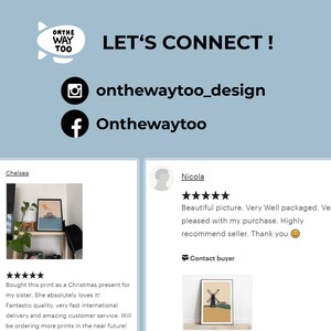 May include: Two customer reviews for an Etsy shop called "OnTheWayToo". The first review is from Chelsea and includes a photo of a print of a seascape with a sailboat. The second review is from Nicola and includes a photo of a print of a windmill. Both reviews are five stars.