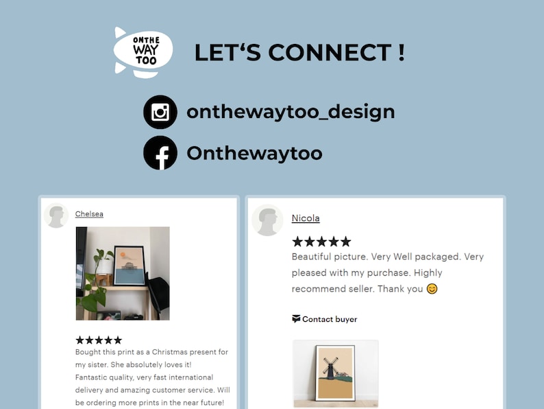 May include: Two customer reviews for an Etsy shop called "OnTheWayToo". The first review is from Chelsea and includes a photo of a print of a seascape with a sailboat. The second review is from Nicola and includes a photo of a print of a windmill. Both reviews are five stars.