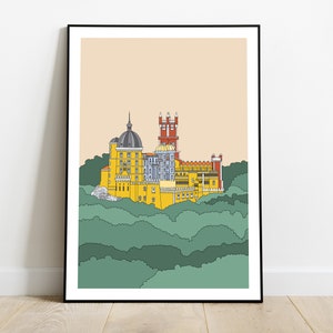 May include: A yellow and red castle with a gray dome on top, surrounded by green trees. The castle is set against a light orange background.