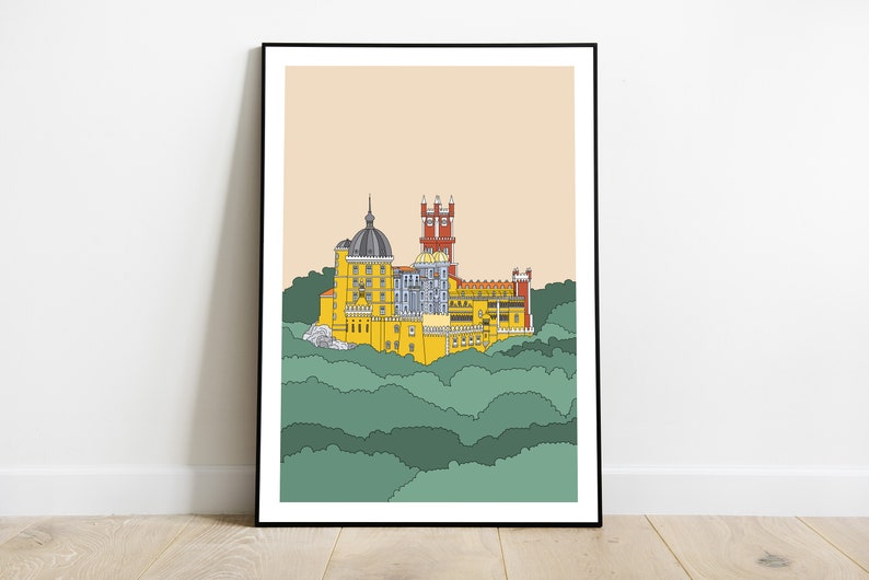 May include: A yellow and red castle with a gray dome on top, surrounded by green trees. The castle is set against a light orange background.