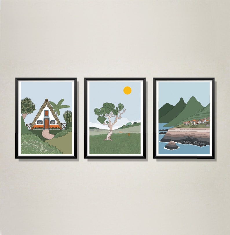 May include: Three framed illustrations of a landscape with a house, a tree, and a mountain range. The house is white with a thatched roof and a red door. The tree is green and has a brown trunk. The mountains are blue and green. The illustrations are all in a minimalist style.