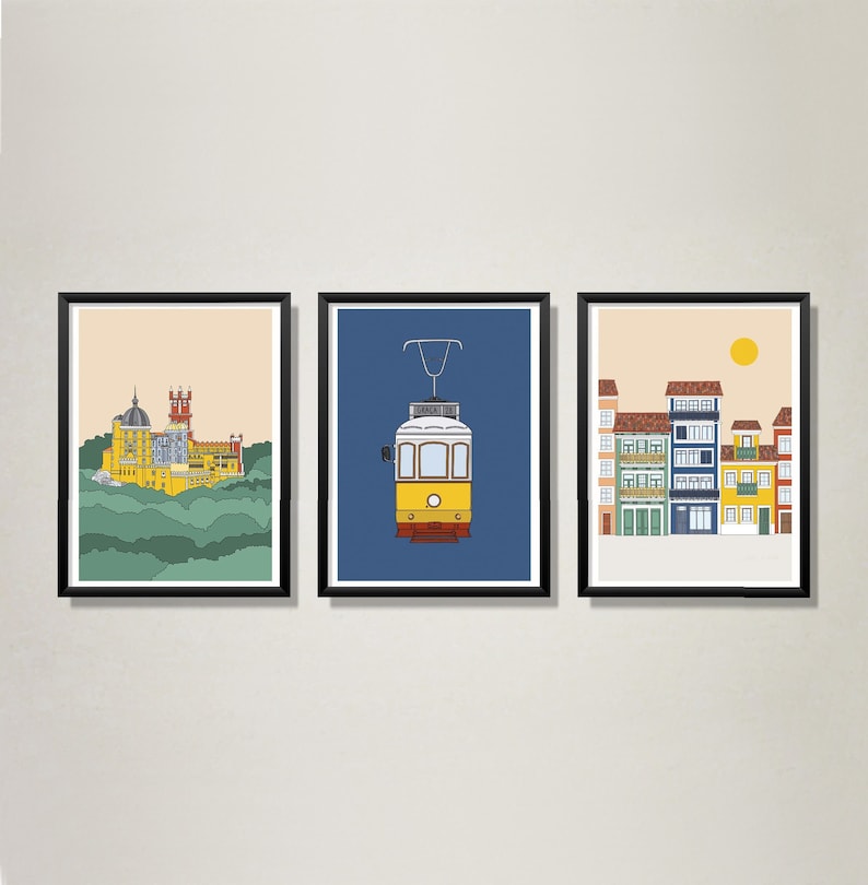 May include: Three framed illustrations of Lisbon, Portugal. The first illustration shows a yellow and white building with red accents. The second illustration shows a yellow and white tram with the text "Carris Lisboa" on the front. The third illustration shows a row of colorful buildings with red roofs.
