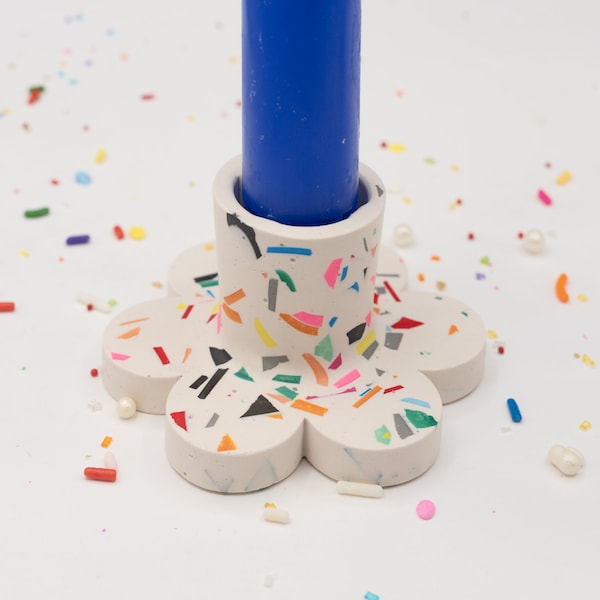 Confetti Taper Candle holders set | White Terrazzo Candle Holder | Flower candle holder