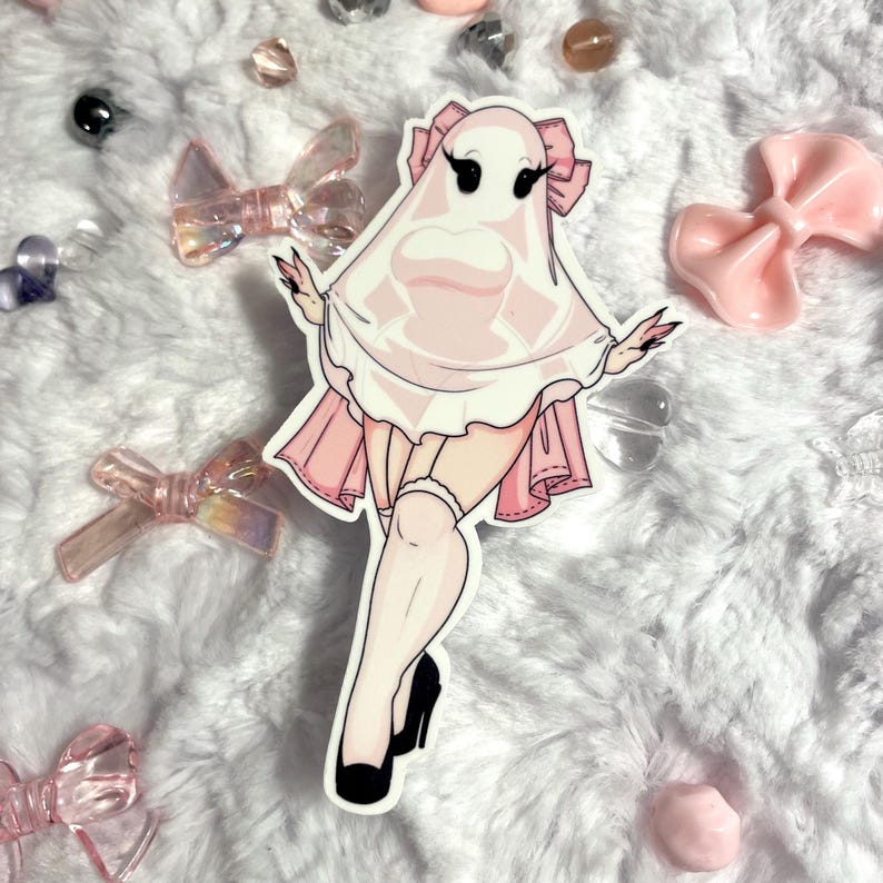 May include: A pink and white ghost wearing a pink dress and white stockings. The ghost has a pink bow on its head and is holding its hands up in a playful pose.