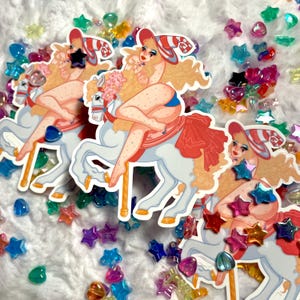 Carnival Witch, babe on carousel horse sticker  (1 sticker)