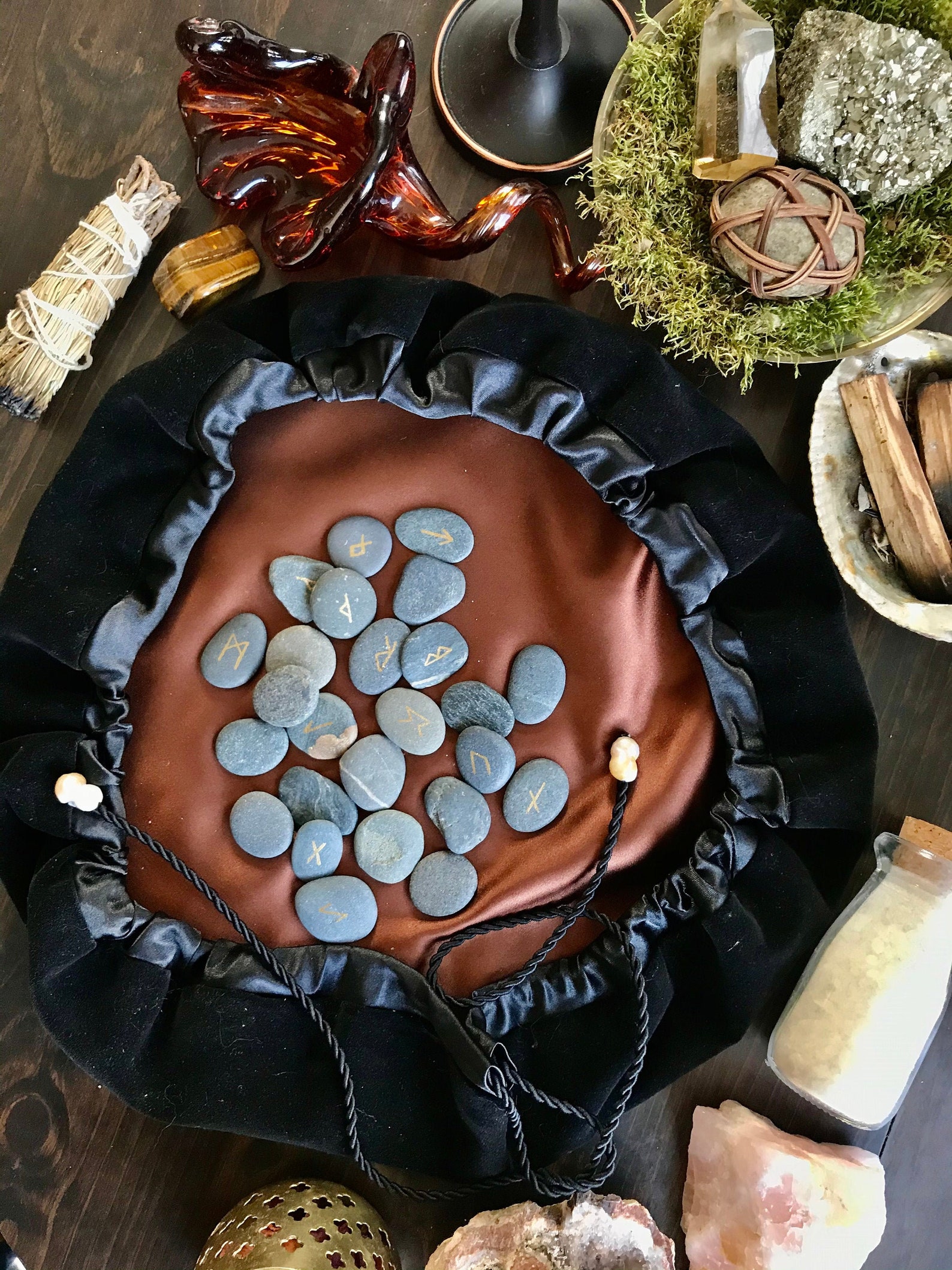 Rune Stone Bag & Casting Mat Black Velvet w/ Bronze Etsy