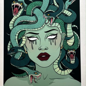 Medusa Art Print green Snake Haired Woman Greek Mythology Art Deco Art ...