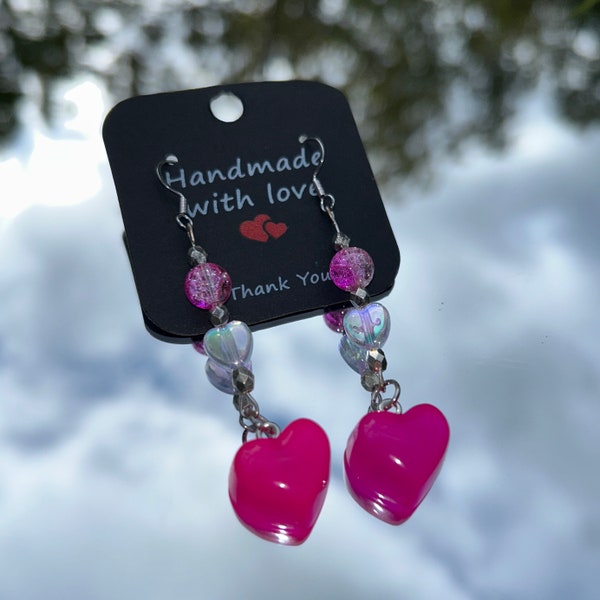 Heart Charm w/ Glass Beads - Dangle Earrings | Silver Plated 19mm Flat Fishhook Earrings | Handmade | Unique Earrings | Hearts | Sweet | Fun