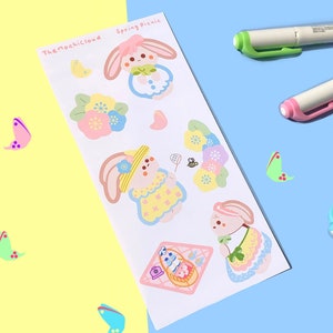 Pastell Frühling Picknick Bunny Deko Aufkleber Blatt, Gelb und Blau Blumen Aufkleber, Kawaii Tagebuch und Bujo Planner Etiketten, Schmetterlinge Blumen Polcos