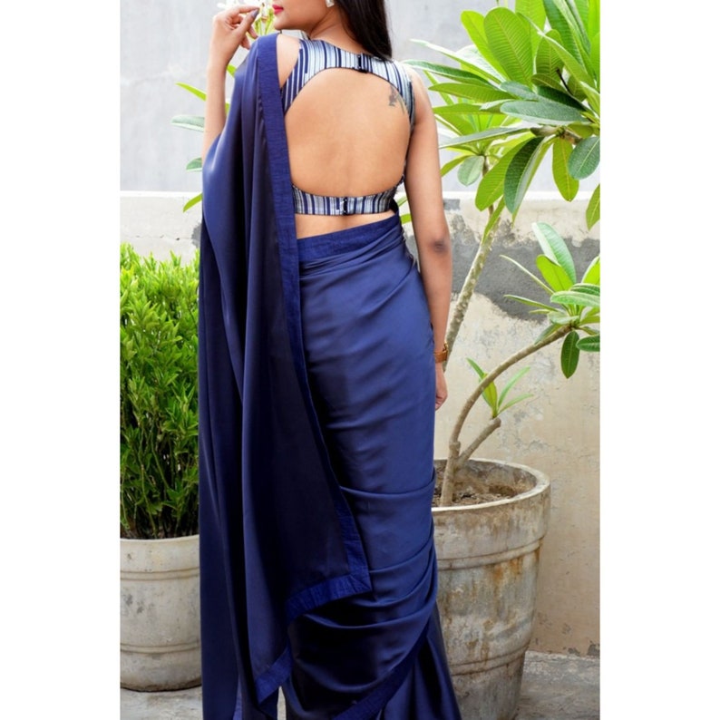 Navy Blue Beautiful Bollywood stain Plain Designer Saree With Unstitched Digital print Blouse For Women Wedding Wear Party Wear Festive Sari