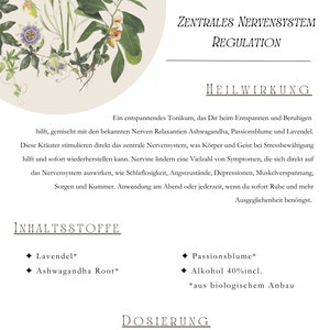 May include: A white and light pink label with the text "ZNS - REGULATION" and "HEILWIRKUNG" in black. The label also includes a list of ingredients, "INHALTSSTOFFE", and a dosage guide, "DOSIERUNG". The label is decorated with a floral illustration of lavender, passionflower, and ashwagandha.