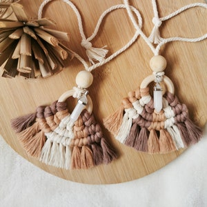 Neutral Macrame Car Charm/ Essential Oil Diffuser with Quartz Crystal Point, Boho rear view mirror car charm, Car accessory, holiday gift