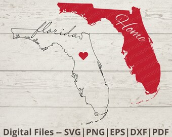 May include: A digital design featuring an outline of the state of Florida with the word "Florida" written in cursive and a red heart in the center. The state of Florida is filled in red with the word "Home" written in white cursive. The background is a white woodgrain pattern.
