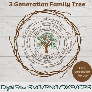 May include: A brown circular family tree design with three concentric circles. The inner circle features a stylized green tree with brown branches and leaves. The outer circles are labeled with "3rd Gen Names Here", "2nd Gen Names Here", and "1st Generation Names Here". The text "Your Family Est. Date" is also included in the design.