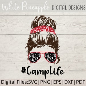 May include: A digital design featuring a woman with brown hair in a messy bun, wearing red and white patterned sunglasses and a red headband with a camping theme. The text "#Camplife" is below the image.